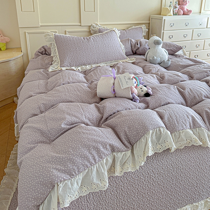 91家纺网 家纺一手货源 找家纺 源舜家纺 2025新款全棉双层纱床盖三件套四件套 暮冬 紫
