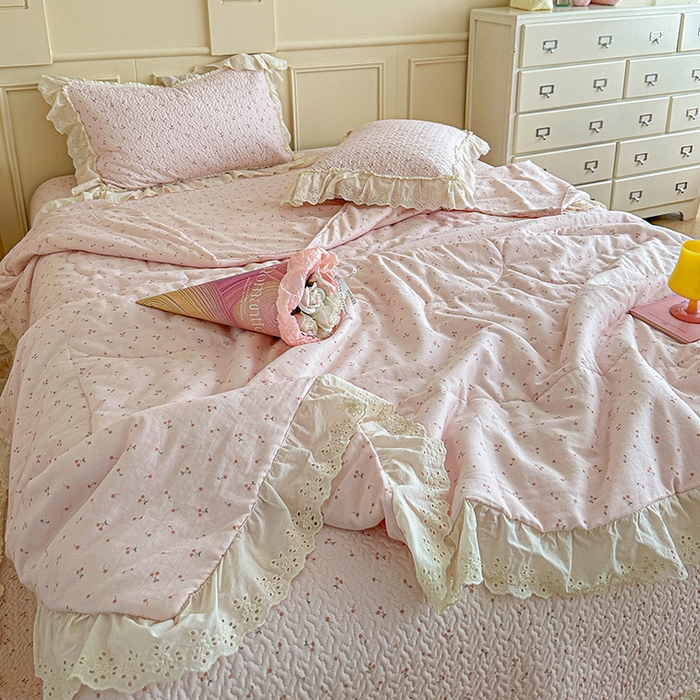 91家纺网 家纺一手货源 找家纺 源舜家纺 2025新款全棉双层纱床盖三件套四件套 樱桃奶盖-粉