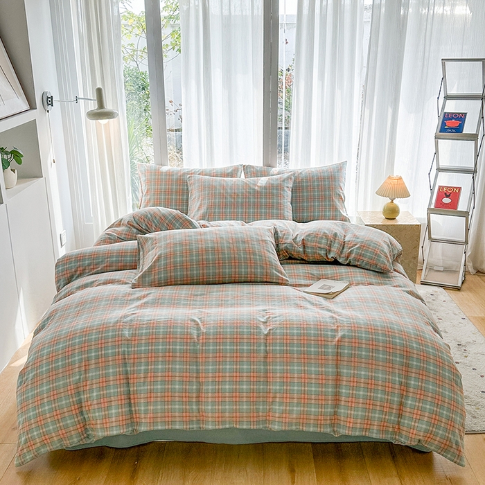 尚品本色2025年新款简约风全棉水洗棉格子条纹系列四件套芳华绿