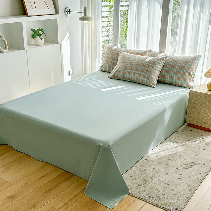 91家纺网 家纺一手货源 找家纺 尚品本色2025年新款简约风全棉水洗棉格子条纹系列四件套芳华绿