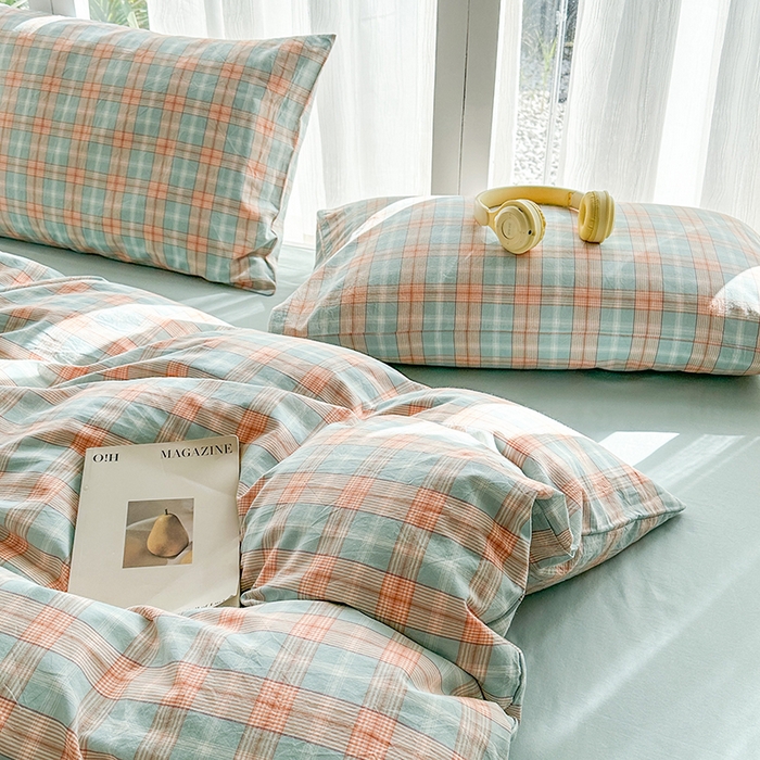 91家纺网 家纺一手货源 找家纺 尚品本色2025年新款简约风全棉水洗棉格子条纹系列四件套芳华绿