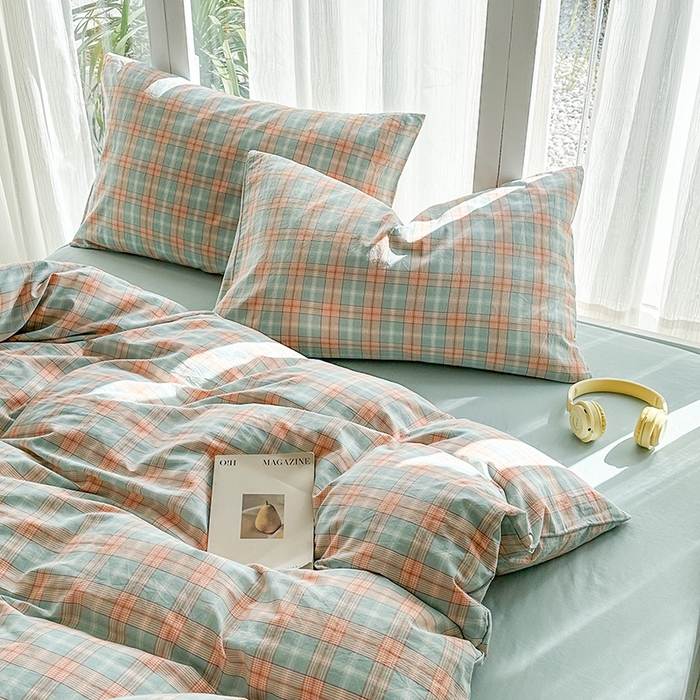 91家纺网 家纺一手货源 找家纺 尚品本色2025年新款简约风全棉水洗棉格子条纹系列四件套芳华绿