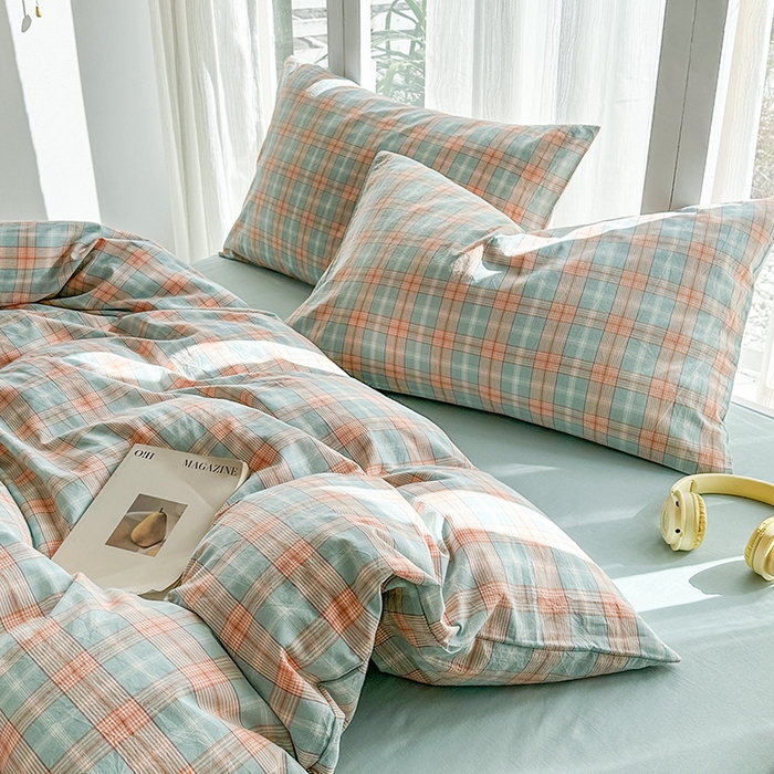 91家纺网 家纺一手货源 找家纺 尚品本色2025年新款简约风全棉水洗棉格子条纹系列四件套芳华绿