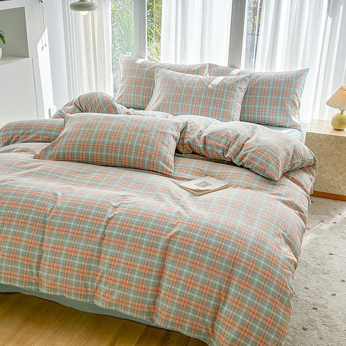 91家纺网 家纺一手货源 找家纺 尚品本色2025年新款简约风全棉水洗棉格子条纹系列四件套芳华绿