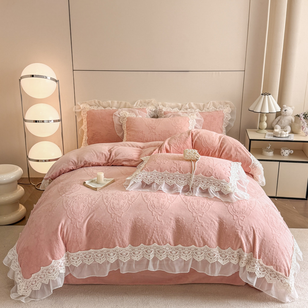 91家纺网 家纺一手货源 找家纺 孟鑫家纺 2025新款全消光雕花绒牛奶绒床盖床单四件套韩版法式床上用品-幸运花束 幸运花束-豆沙