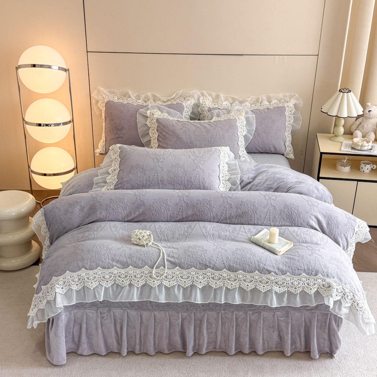 91家纺网 家纺一手货源 找家纺 孟鑫家纺 2025新款全消光雕花绒牛奶绒床盖床单四件套韩版法式床上用品-幸运花束 幸运花束-灰紫