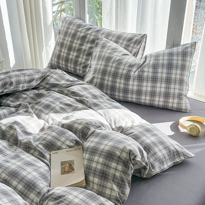 91家纺网 家纺一手货源 找家纺 尚品本色2025年新款简约风全棉水洗棉格子条纹系列四件套光年灰