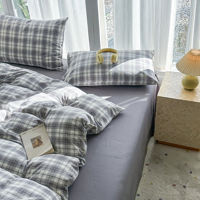 91家纺网 家纺一手货源 找家纺 尚品本色2025年新款简约风全棉水洗棉格子条纹系列四件套光年灰