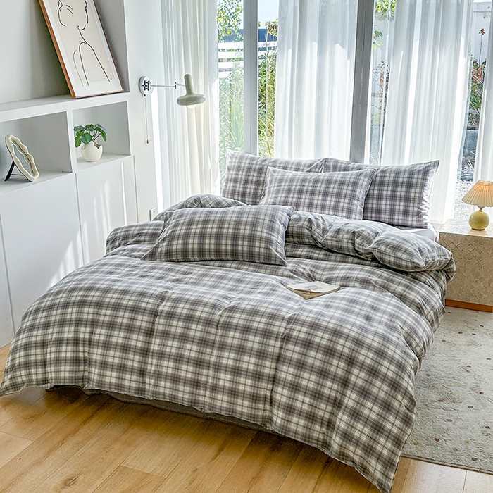 91家纺网 家纺一手货源 找家纺 尚品本色2025年新款简约风全棉水洗棉格子条纹系列四件套光年灰