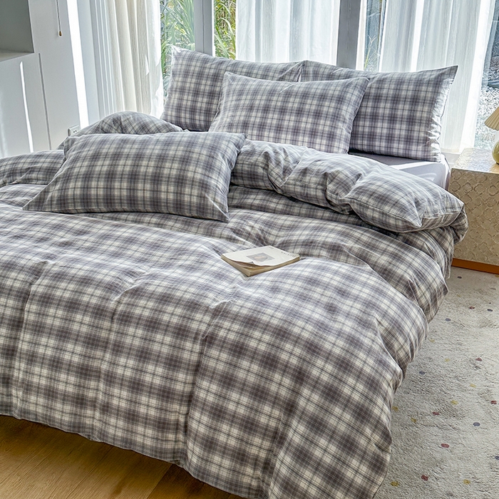 91家纺网 家纺一手货源 找家纺 尚品本色2025年新款简约风全棉水洗棉格子条纹系列四件套光年灰