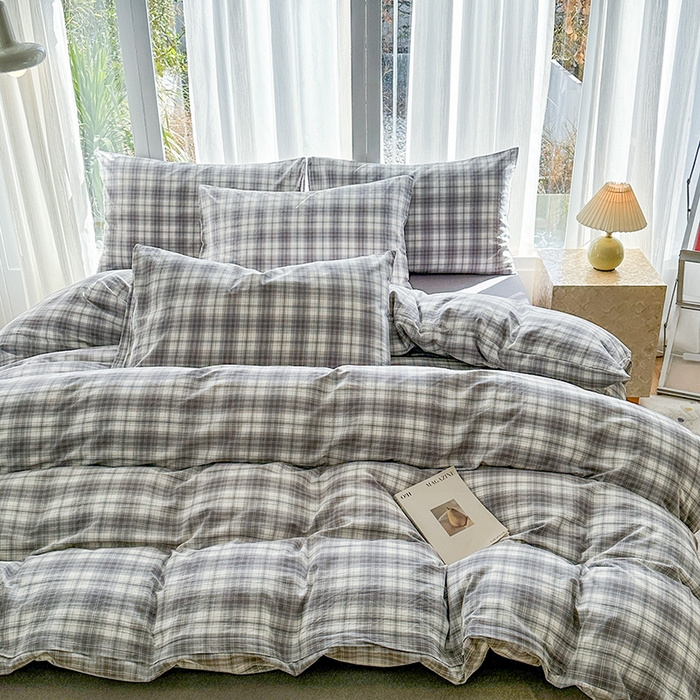 91家纺网 家纺一手货源 找家纺 尚品本色2025年新款简约风全棉水洗棉格子条纹系列四件套光年灰