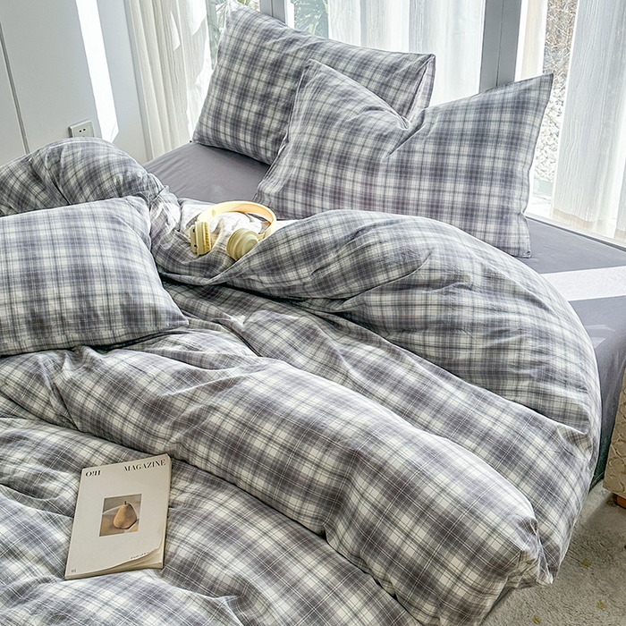 91家纺网 家纺一手货源 找家纺 尚品本色2025年新款简约风全棉水洗棉格子条纹系列四件套光年灰