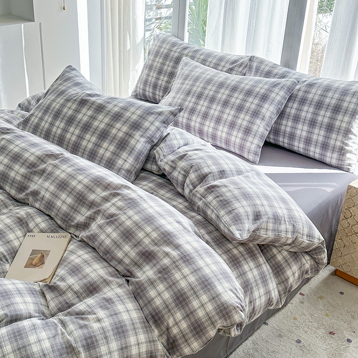 91家纺网 家纺一手货源 找家纺 尚品本色2025年新款简约风全棉水洗棉格子条纹系列四件套光年灰