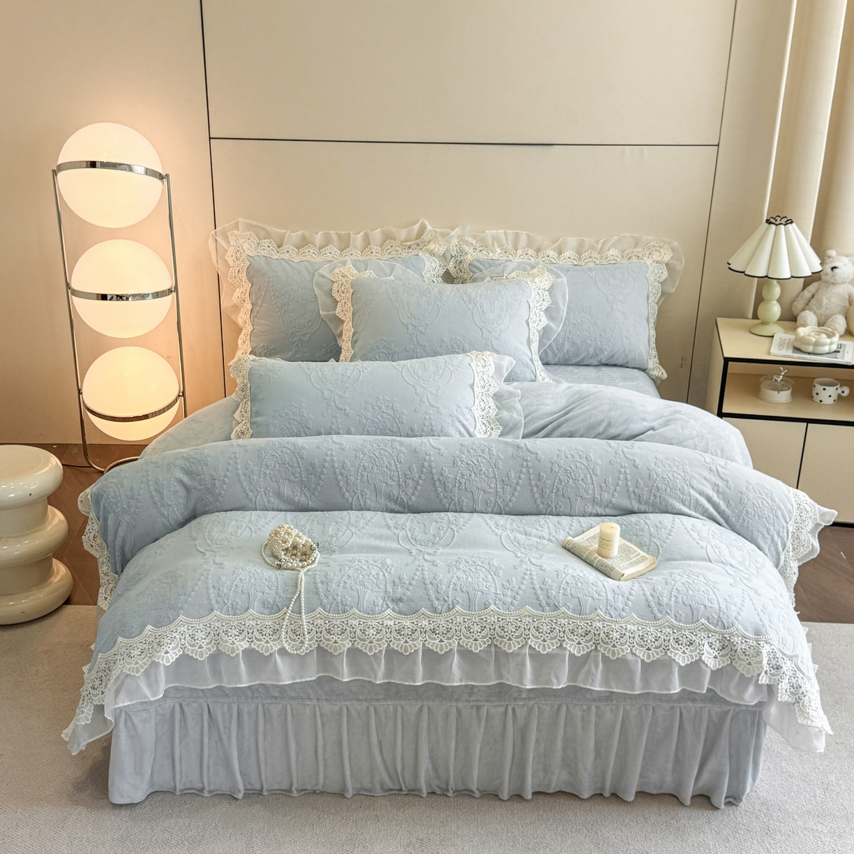 91家纺网 家纺一手货源 找家纺 孟鑫家纺 2025新款全消光雕花绒牛奶绒床盖床单四件套韩版法式床上用品-幸运花束 幸运花束-天空兰