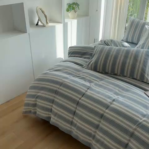 91家纺网 家纺一手货源 找家纺 尚品本色2025年新款简约风全棉水洗棉格子条纹系列四件套拉斐尔兰