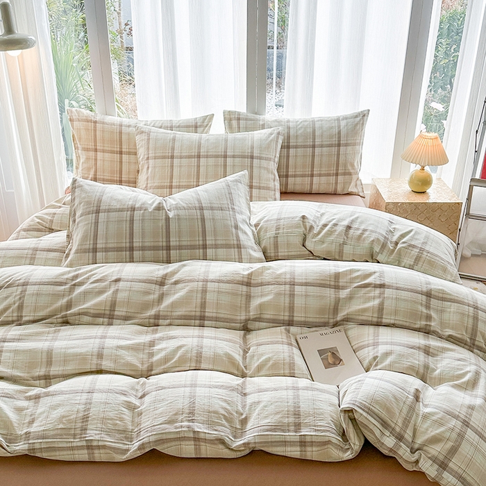 91家纺网 家纺一手货源 找家纺 尚品本色2025年新款简约风全棉水洗棉格子条纹系列四件套米兰咖格