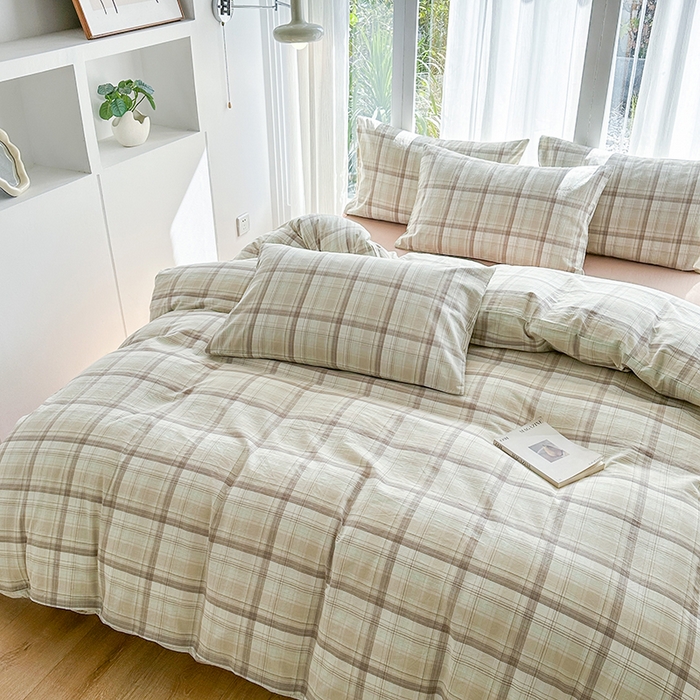 91家纺网 家纺一手货源 找家纺 尚品本色2025年新款简约风全棉水洗棉格子条纹系列四件套米兰咖格