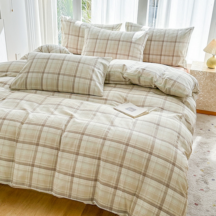 91家纺网 家纺一手货源 找家纺 尚品本色2025年新款简约风全棉水洗棉格子条纹系列四件套米兰咖格