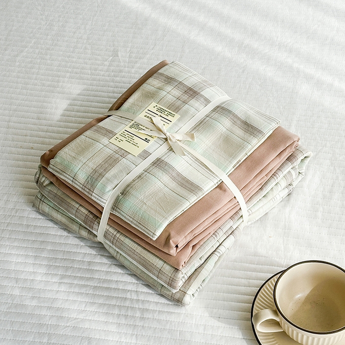 91家纺网 家纺一手货源 找家纺 尚品本色2025年新款简约风全棉水洗棉格子条纹系列四件套米兰咖格