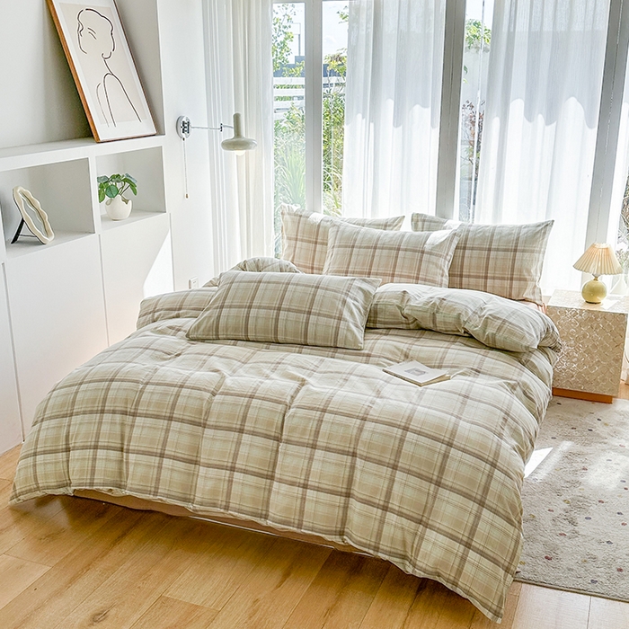 91家纺网 家纺一手货源 找家纺 尚品本色2025年新款简约风全棉水洗棉格子条纹系列四件套米兰咖格