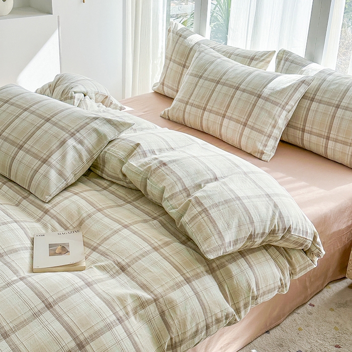 91家纺网 家纺一手货源 找家纺 尚品本色2025年新款简约风全棉水洗棉格子条纹系列四件套米兰咖格