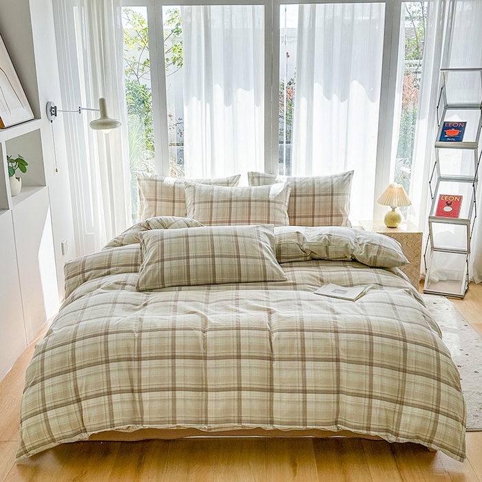 尚品本色2025年新款简约风全棉水洗棉格子条纹系列四件套米兰咖格