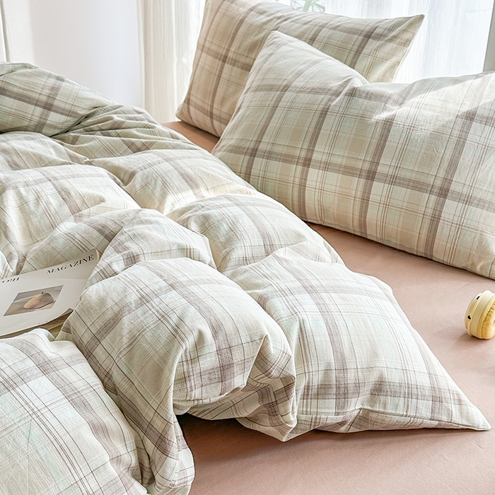 91家纺网 家纺一手货源 找家纺 尚品本色2025年新款简约风全棉水洗棉格子条纹系列四件套米兰咖格