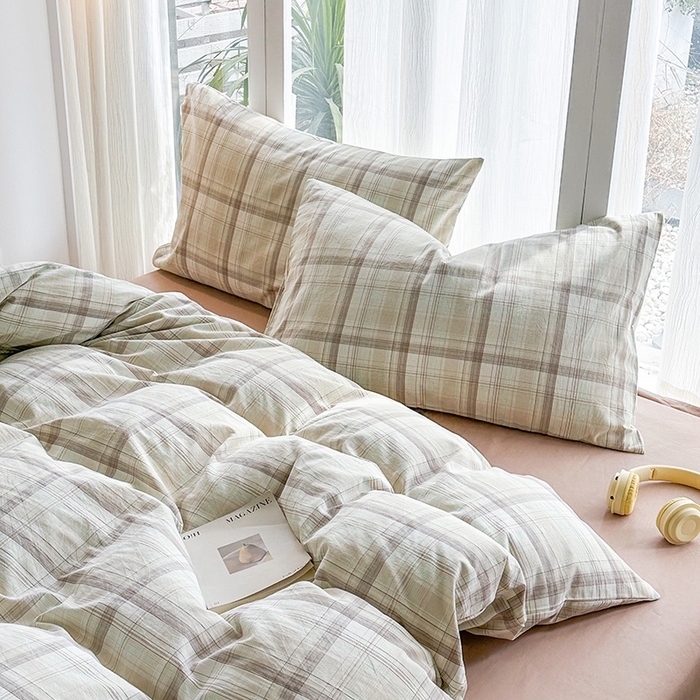 91家纺网 家纺一手货源 找家纺 尚品本色2025年新款简约风全棉水洗棉格子条纹系列四件套米兰咖格