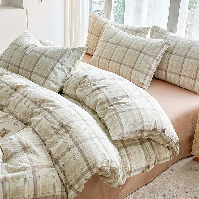 91家纺网 家纺一手货源 找家纺 尚品本色2025年新款简约风全棉水洗棉格子条纹系列四件套米兰咖格