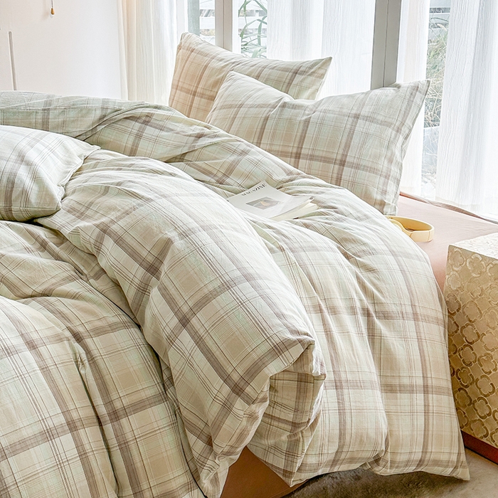 91家纺网 家纺一手货源 找家纺 尚品本色2025年新款简约风全棉水洗棉格子条纹系列四件套米兰咖格