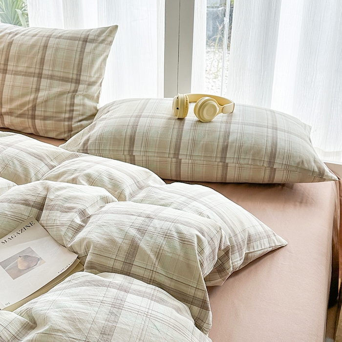 91家纺网 家纺一手货源 找家纺 尚品本色2025年新款简约风全棉水洗棉格子条纹系列四件套米兰咖格
