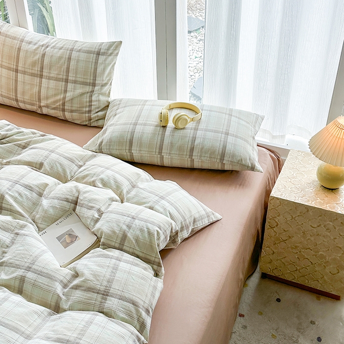 91家纺网 家纺一手货源 找家纺 尚品本色2025年新款简约风全棉水洗棉格子条纹系列四件套米兰咖格