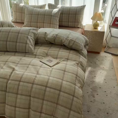 91家纺网 家纺一手货源 找家纺 尚品本色2025年新款简约风全棉水洗棉格子条纹系列四件套米兰咖格