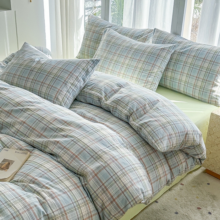 91家纺网 家纺一手货源 找家纺 尚品本色2025年新款简约风全棉水洗棉格子条纹系列四件套米兰兰格