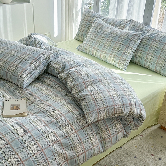 91家纺网 家纺一手货源 找家纺 尚品本色2025年新款简约风全棉水洗棉格子条纹系列四件套米兰兰格