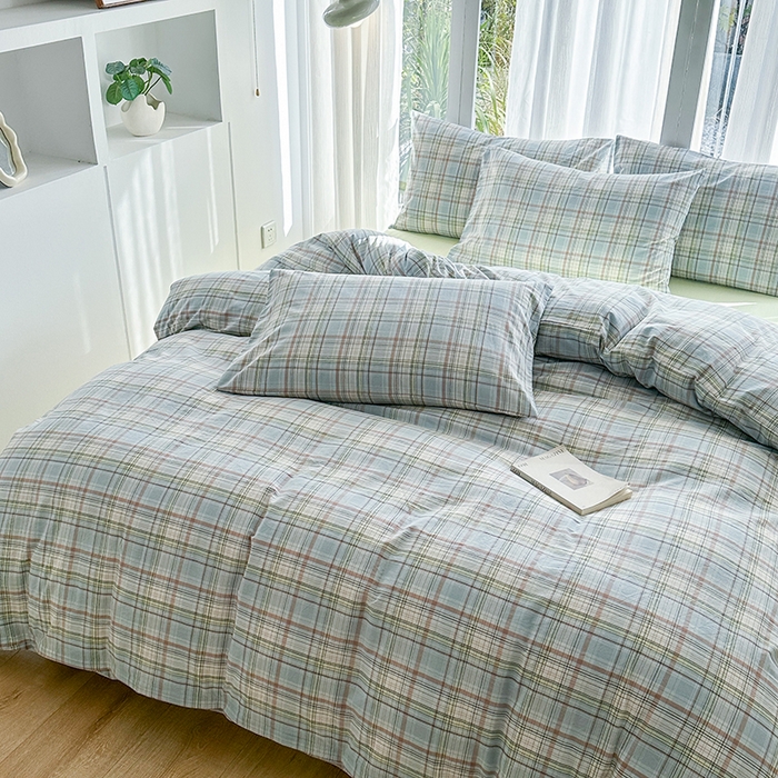 91家纺网 家纺一手货源 找家纺 尚品本色2025年新款简约风全棉水洗棉格子条纹系列四件套米兰兰格