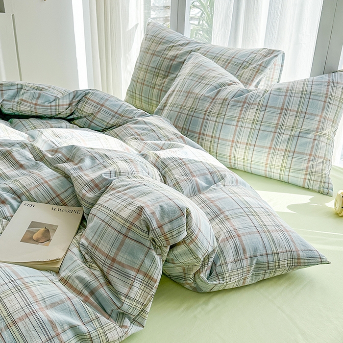 91家纺网 家纺一手货源 找家纺 尚品本色2025年新款简约风全棉水洗棉格子条纹系列四件套米兰兰格