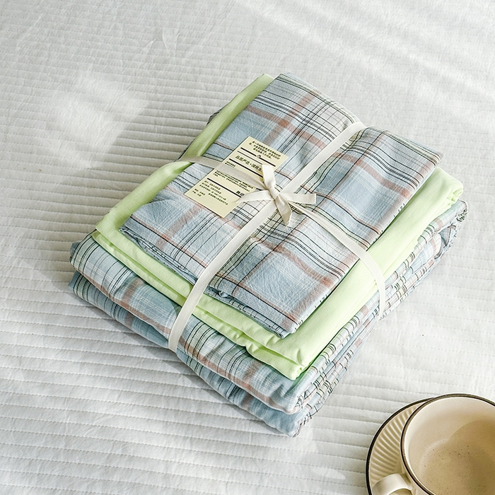 91家纺网 家纺一手货源 找家纺 尚品本色2025年新款简约风全棉水洗棉格子条纹系列四件套米兰兰格