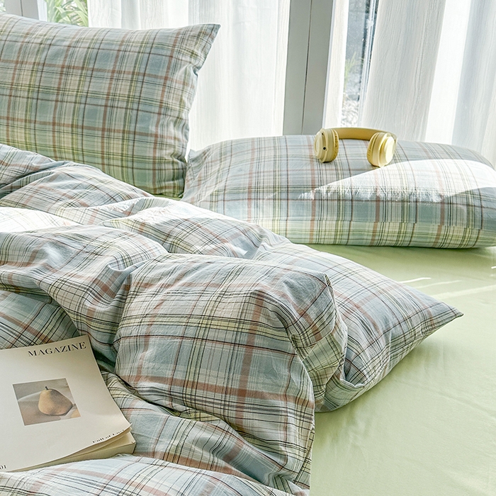 91家纺网 家纺一手货源 找家纺 尚品本色2025年新款简约风全棉水洗棉格子条纹系列四件套米兰兰格