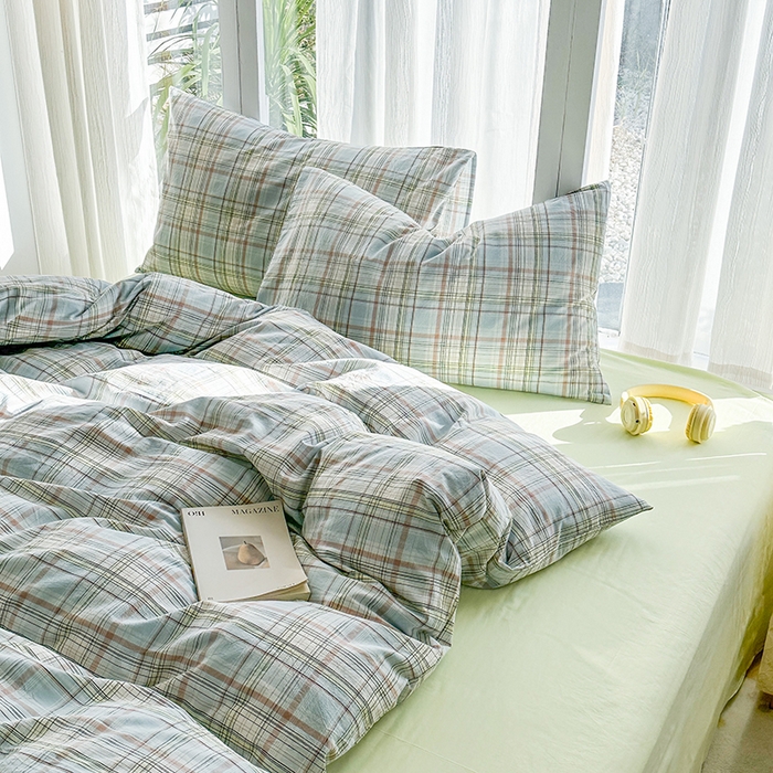 91家纺网 家纺一手货源 找家纺 尚品本色2025年新款简约风全棉水洗棉格子条纹系列四件套米兰兰格