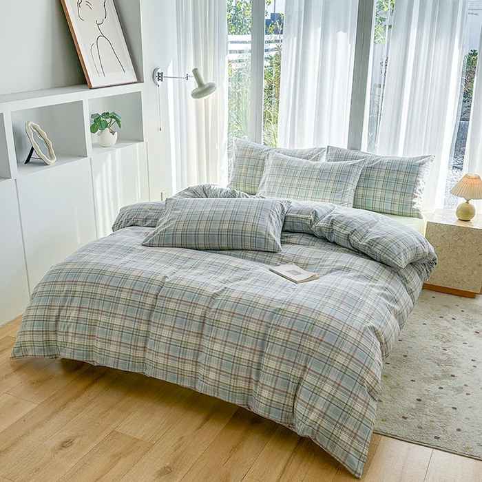 91家纺网 家纺一手货源 找家纺 尚品本色2025年新款简约风全棉水洗棉格子条纹系列四件套米兰兰格