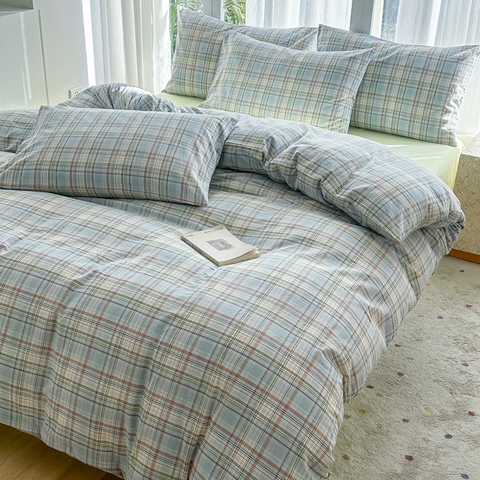 91家纺网 家纺一手货源 找家纺 尚品本色2025年新款简约风全棉水洗棉格子条纹系列四件套米兰兰格