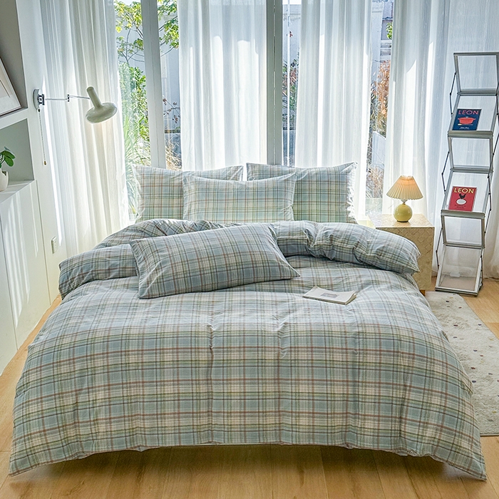 尚品本色2025年新款简约风全棉水洗棉格子条纹系列四件套米兰兰格