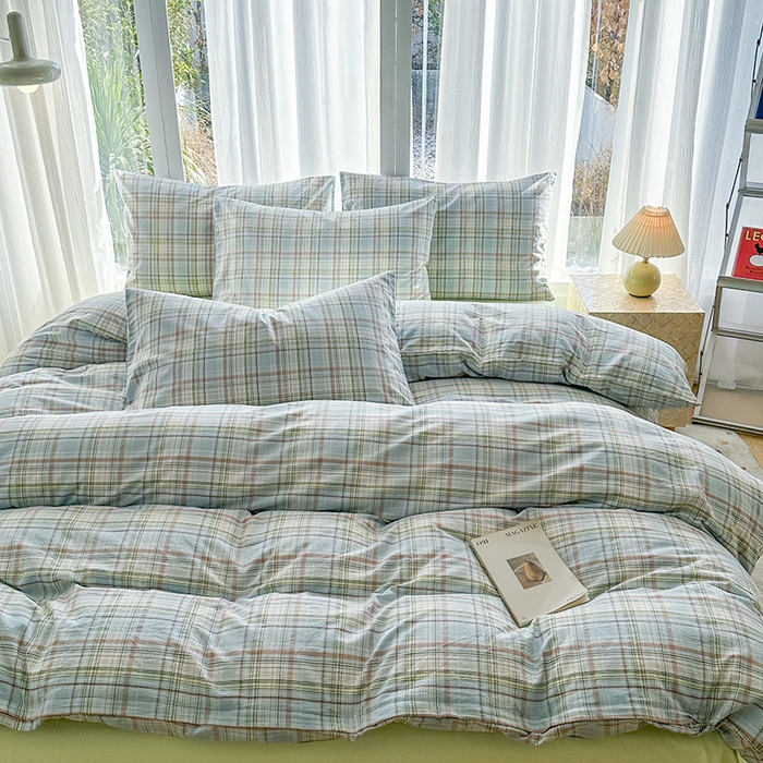 91家纺网 家纺一手货源 找家纺 尚品本色2025年新款简约风全棉水洗棉格子条纹系列四件套米兰兰格