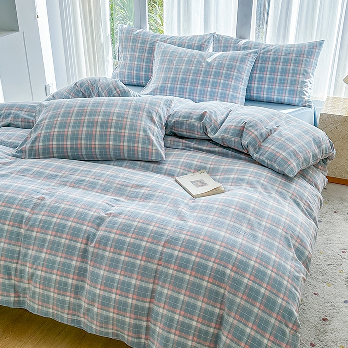 91家纺网 家纺一手货源 找家纺 尚品本色2025年新款简约风全棉水洗棉格子条纹系列四件套南国兰