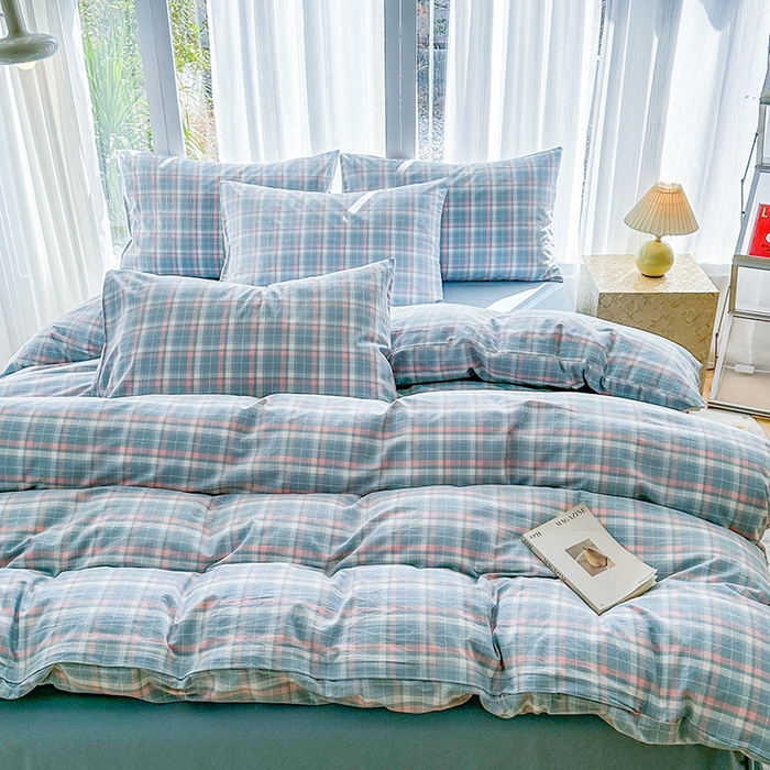 91家纺网 家纺一手货源 找家纺 尚品本色2025年新款简约风全棉水洗棉格子条纹系列四件套南国兰