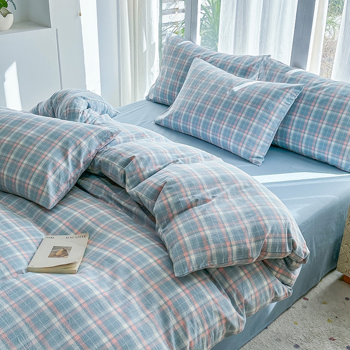 91家纺网 家纺一手货源 找家纺 尚品本色2025年新款简约风全棉水洗棉格子条纹系列四件套南国兰