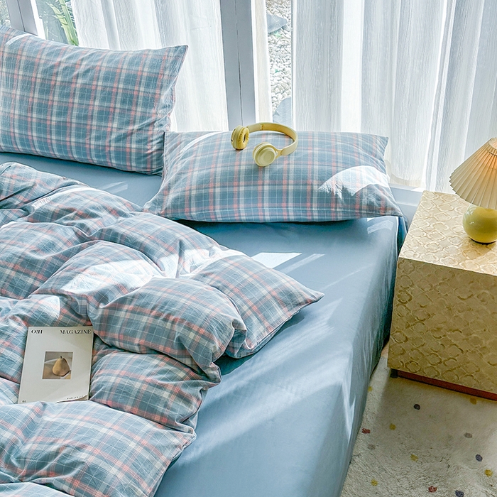 91家纺网 家纺一手货源 找家纺 尚品本色2025年新款简约风全棉水洗棉格子条纹系列四件套南国兰