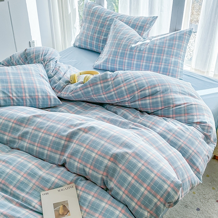 91家纺网 家纺一手货源 找家纺 尚品本色2025年新款简约风全棉水洗棉格子条纹系列四件套南国兰