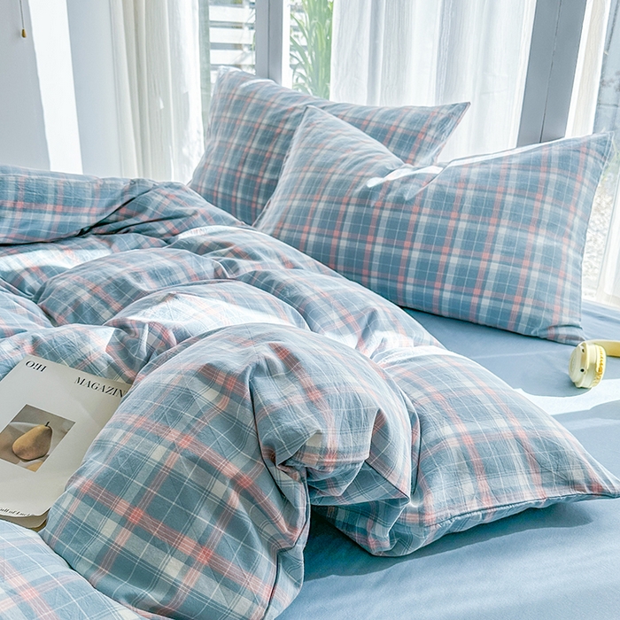 91家纺网 家纺一手货源 找家纺 尚品本色2025年新款简约风全棉水洗棉格子条纹系列四件套南国兰